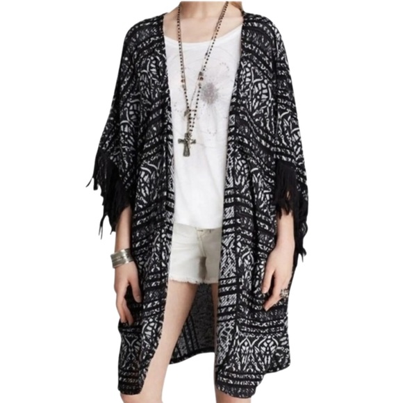 Free People Sweaters - Free People Black Silver Boho Fringe Open Front Cardigan Kimono XS/S Oversized